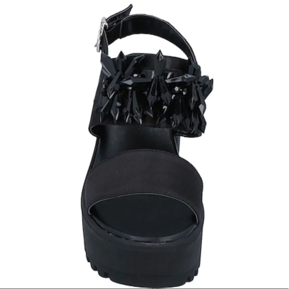 Black Satin Platform Sandals Chunky Heel Open Toe 7.5